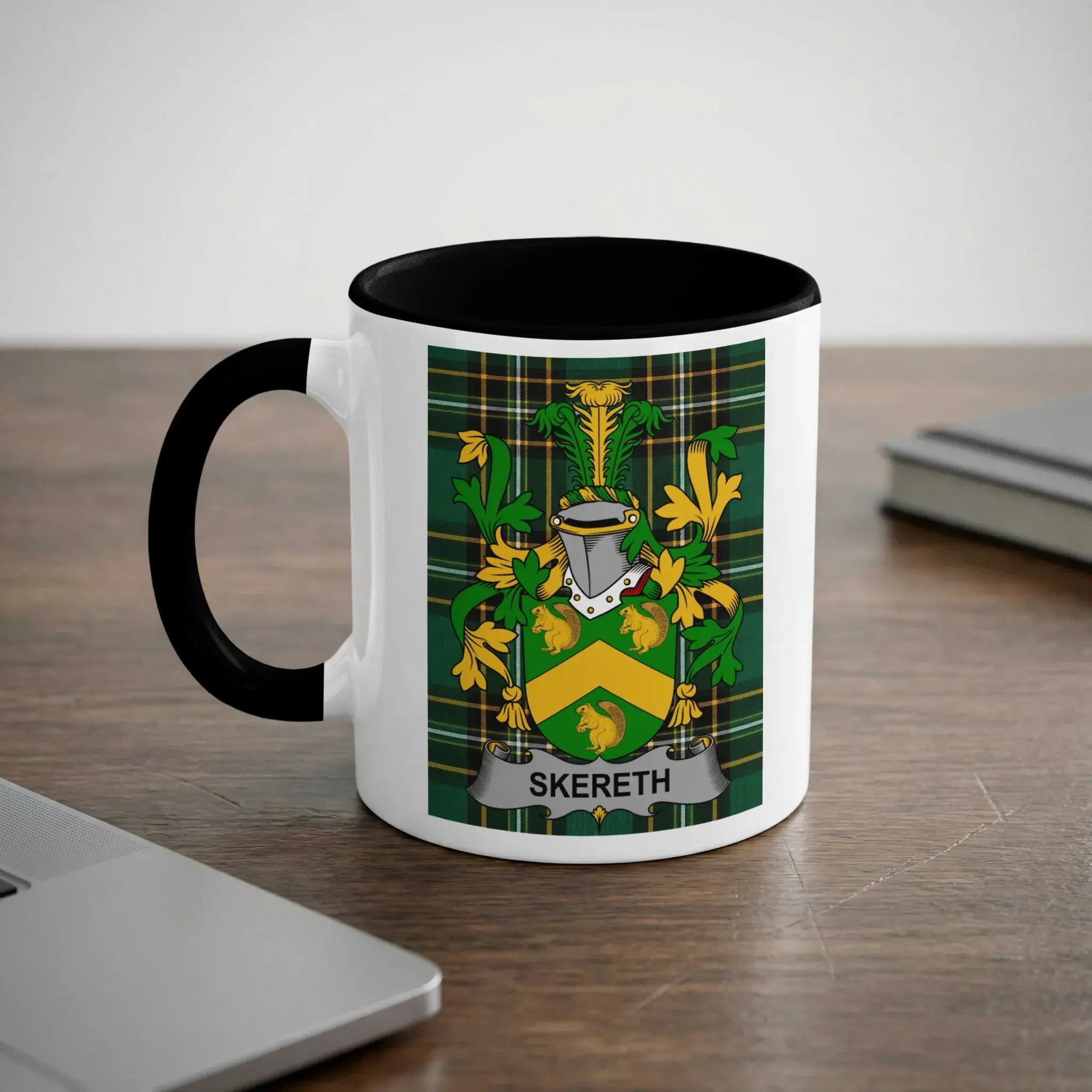 White mug with black handle and rim featuring the Skereyh coat of arms.