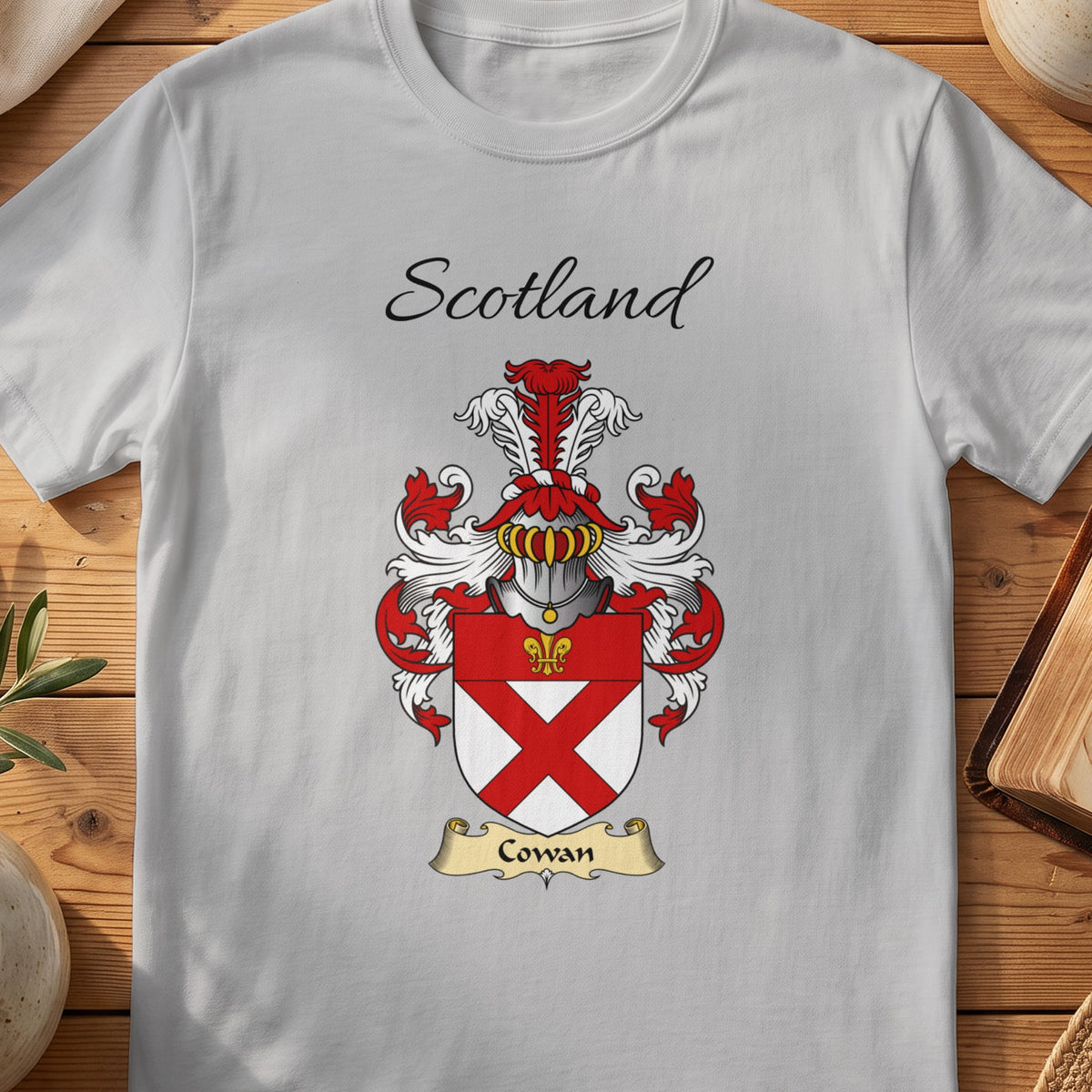 Sport Grey Cowan Scottish family shield T-shirt featuring a red diagonal cross beneath a red top band