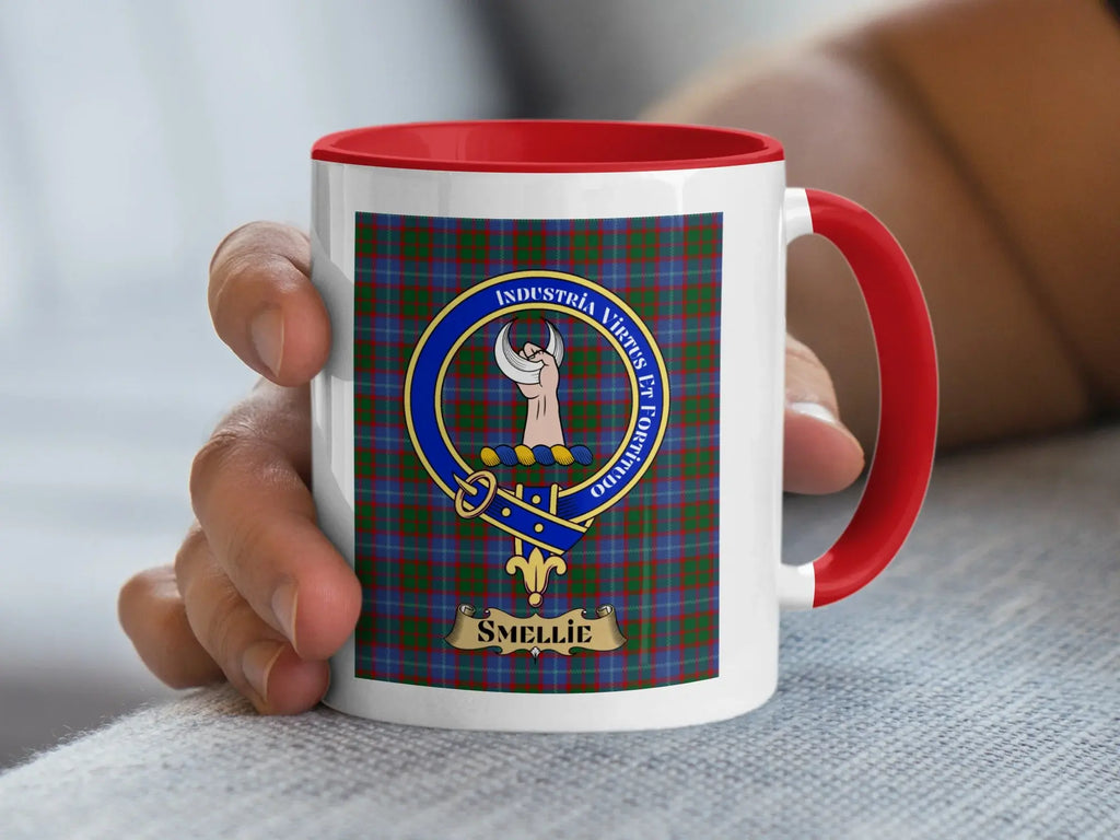 Smellie Clan Tartan Crest Mug with Red Handle