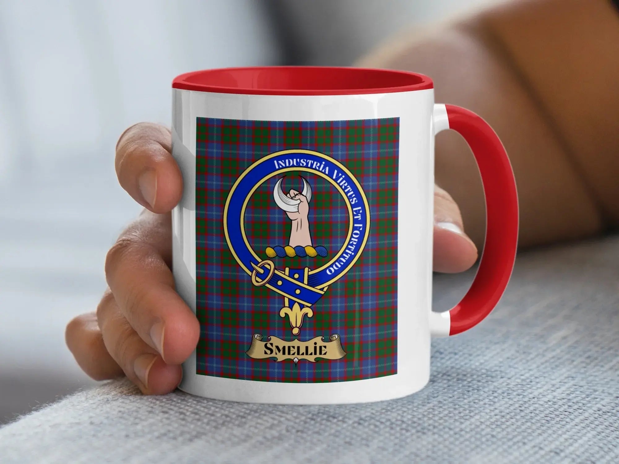 Smellie Clan Tartan Crest Mug with Red Handle