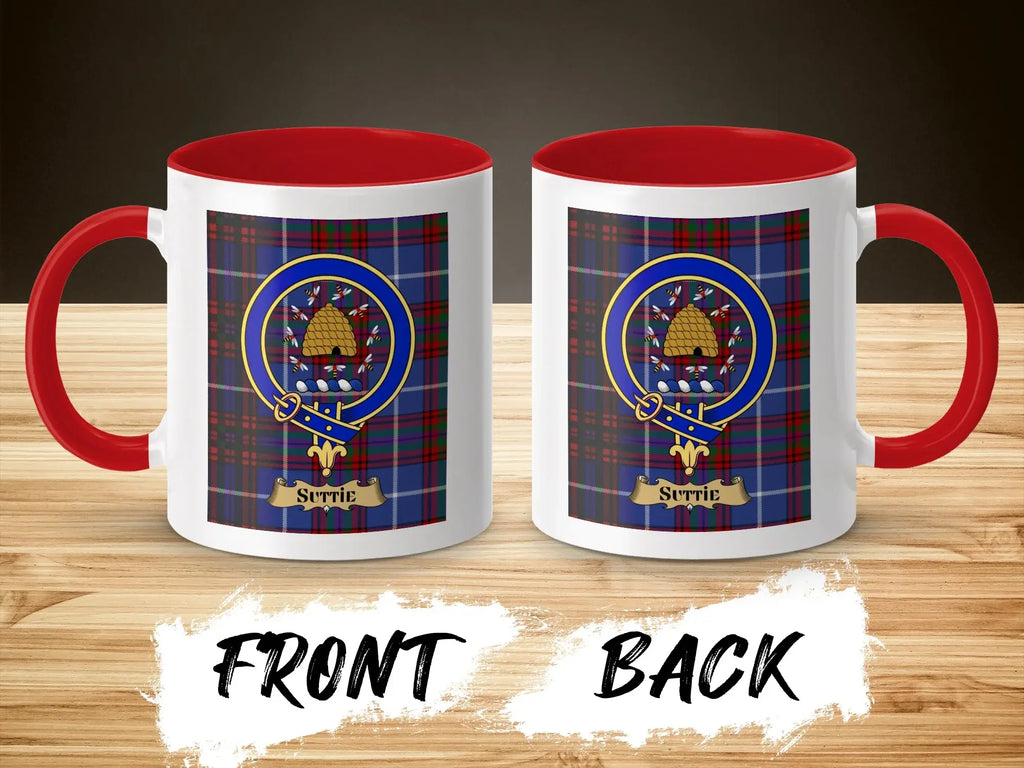 Suttie tartan-background crest mug shown as a Scottish heritage gift