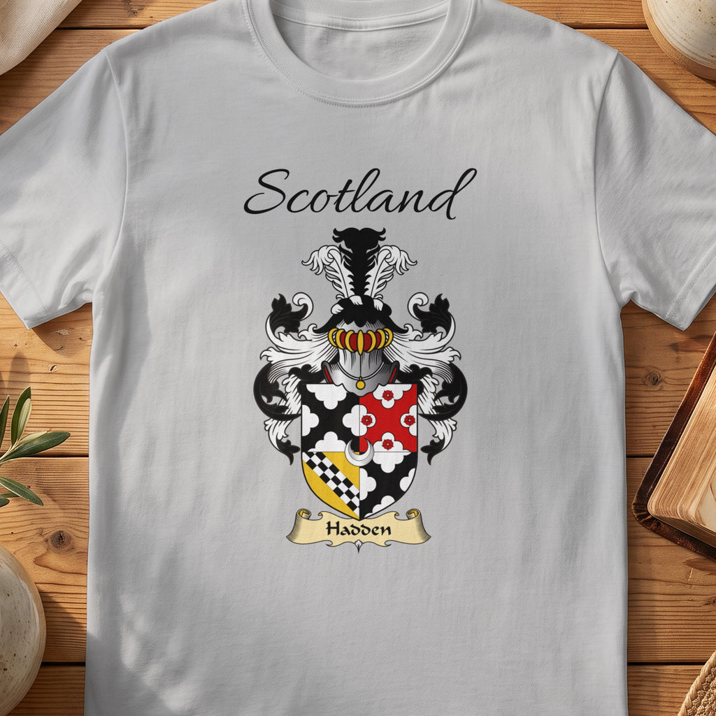 Sport Grey Hadden Scottish family shield T-shirt featuring a quartered black, red and gold design