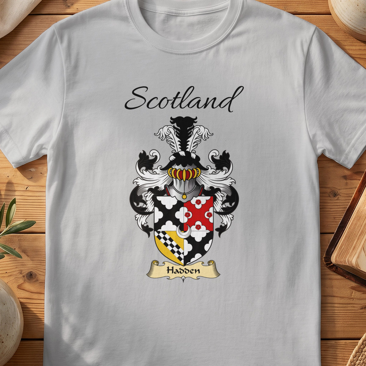 Sport Grey Hadden Scottish family shield T-shirt featuring a quartered black, red and gold design