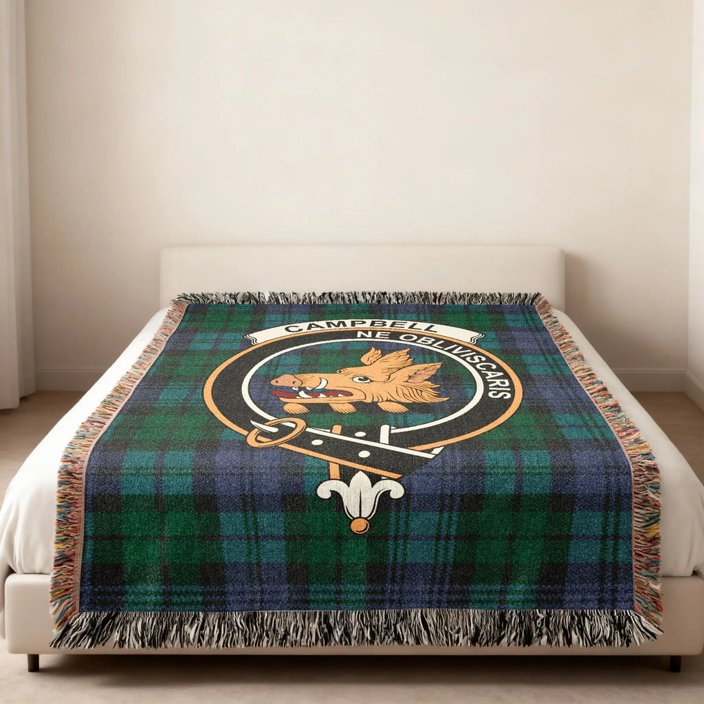 Campbell tartan heirloom woven blanket 80x60 — deep green plaid with clan crest, fringe finish
