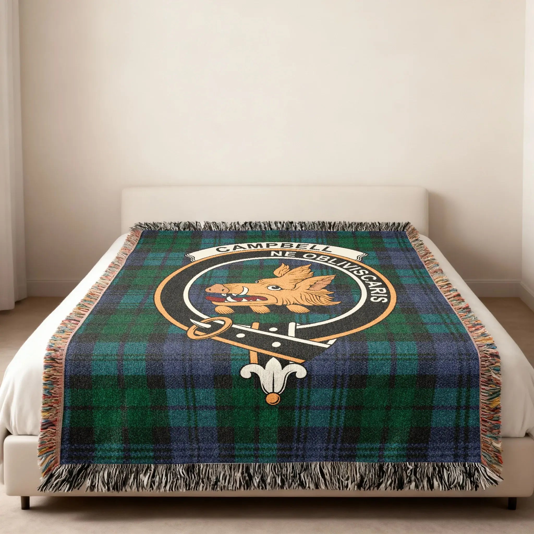 Campbell tartan heirloom woven blanket 80x60 — deep green plaid with clan crest, fringe finish