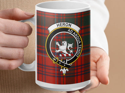 Scottish Clan Heron Crest Badge on Tartan Plaid Mug - Living Stone Gifts