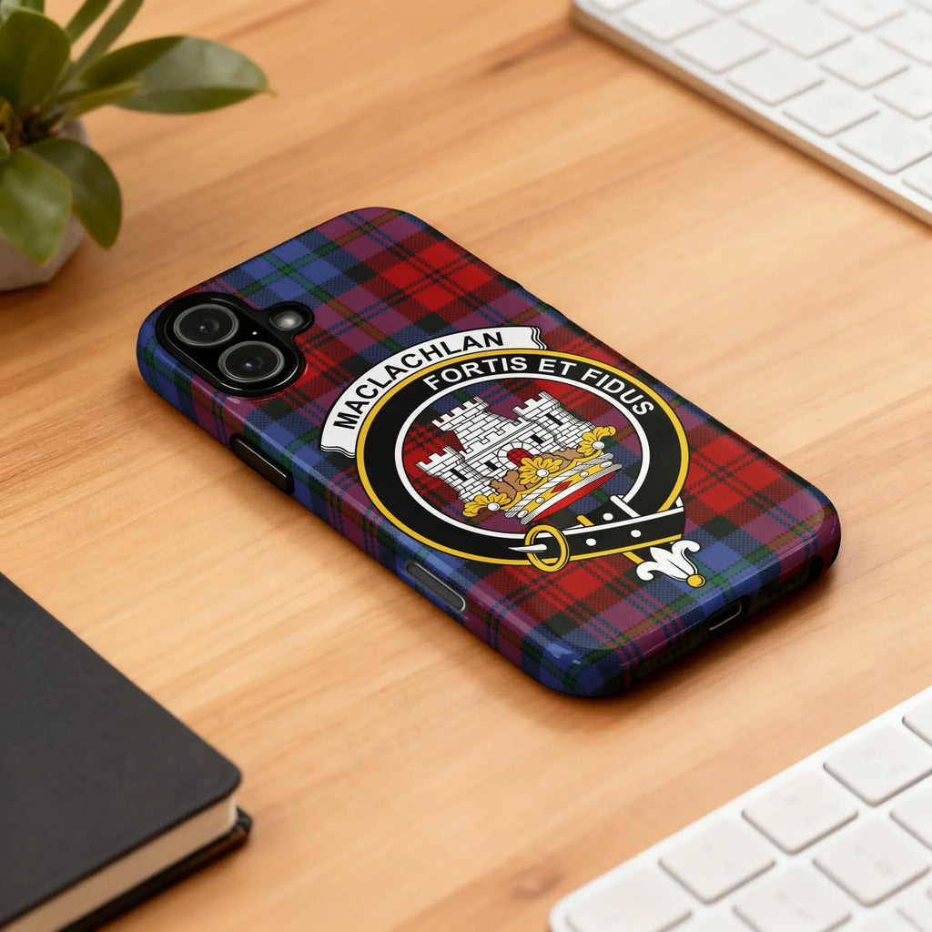 MacLachlan Fortis et Fidus tartan phone case — full heraldic wrap on glossy impact-resistant shell