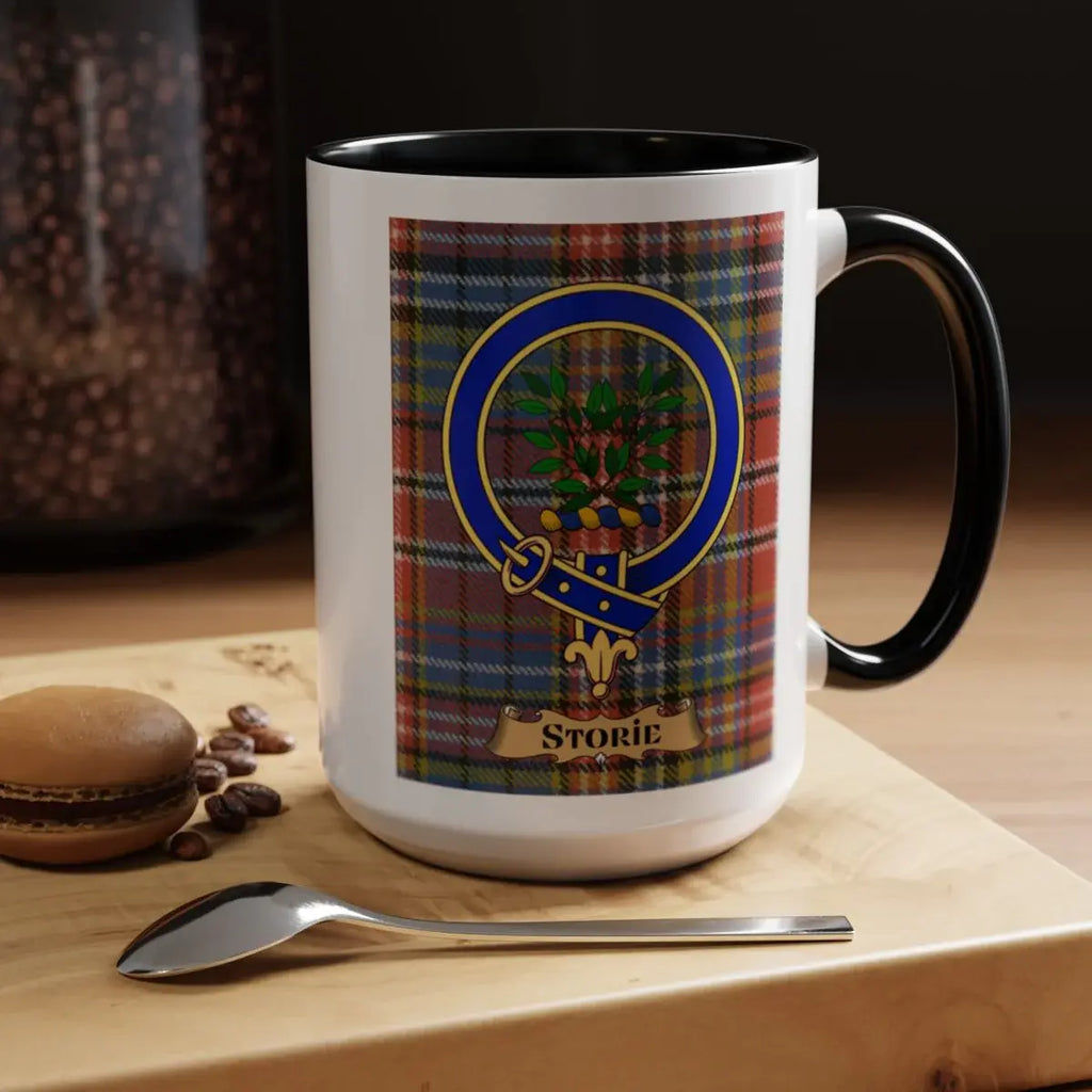 Close-up of the Storie clan crest printed on a ceramic mug