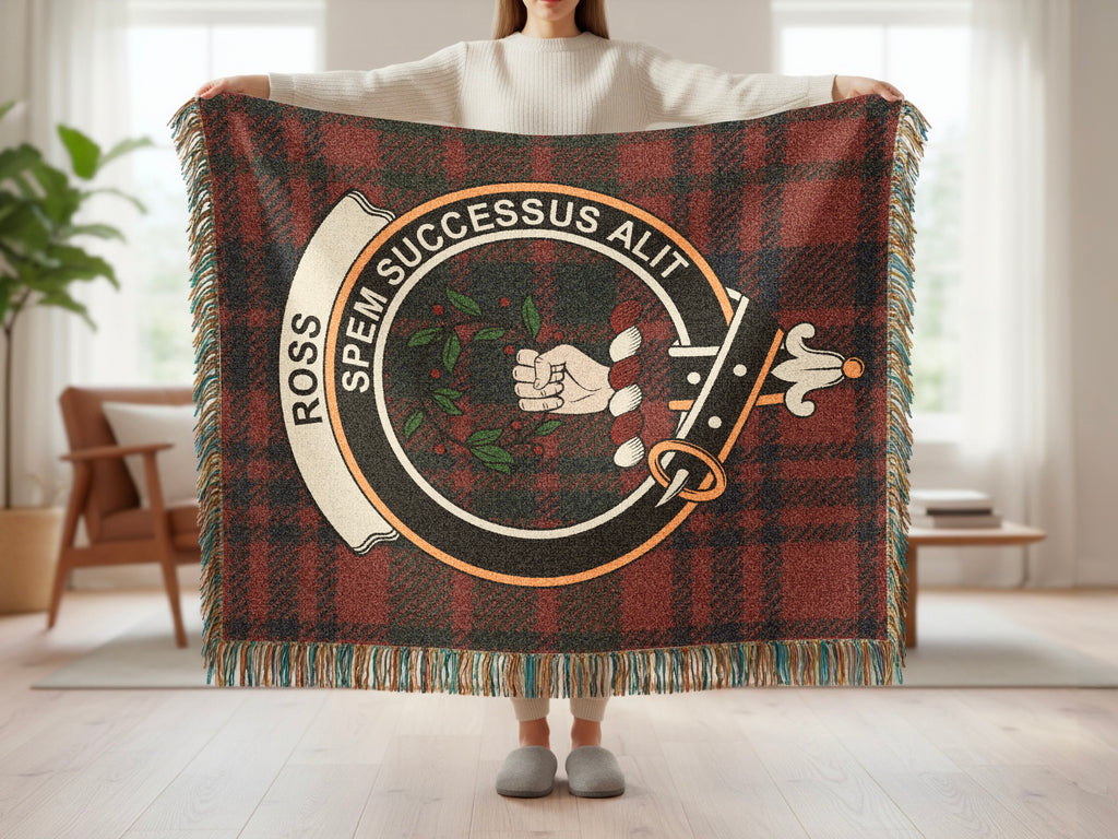 Ross clan crest tartan woven throw blanket — full view with fringe