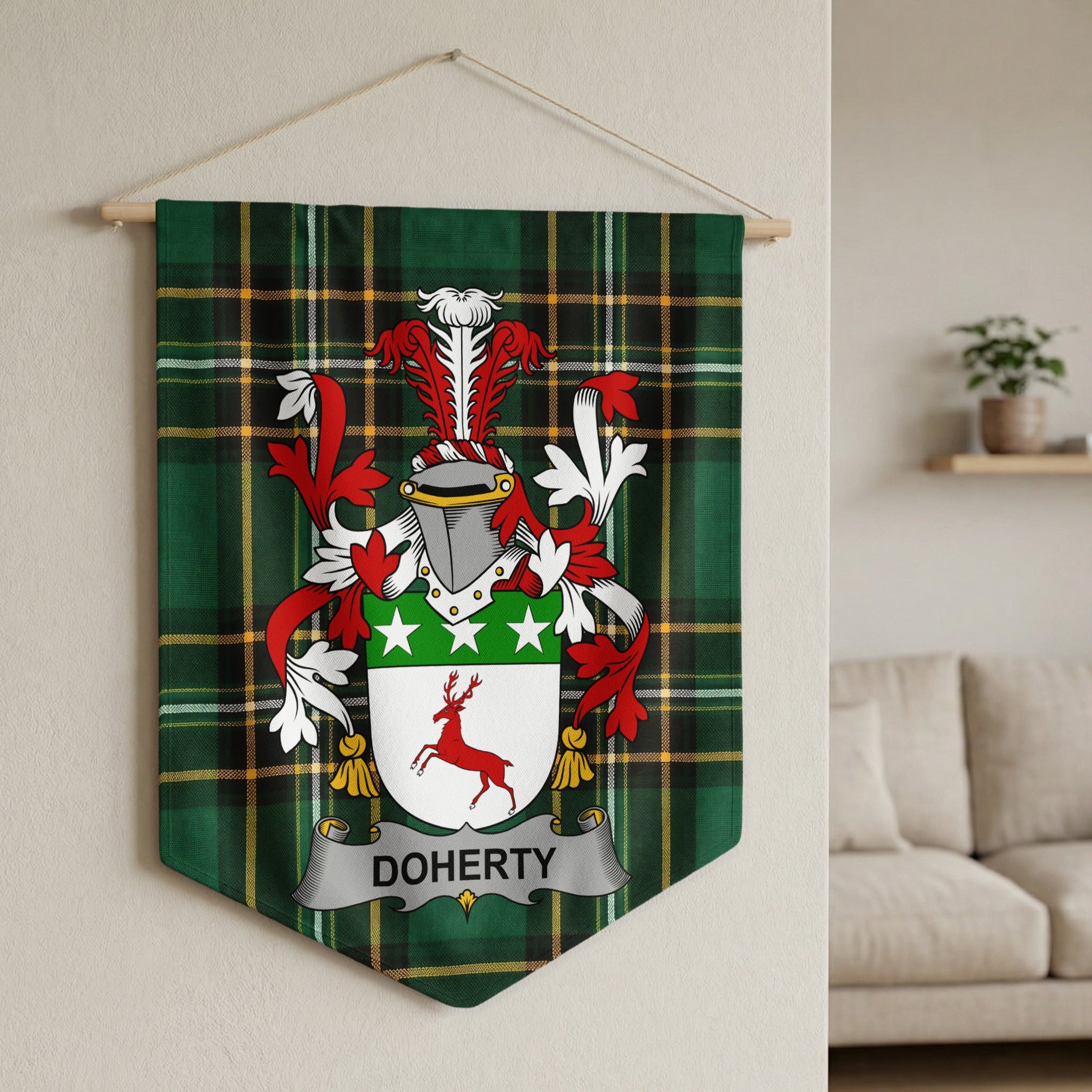 Doherty family crest on green plaid banner, hanging on wall with couch in background.