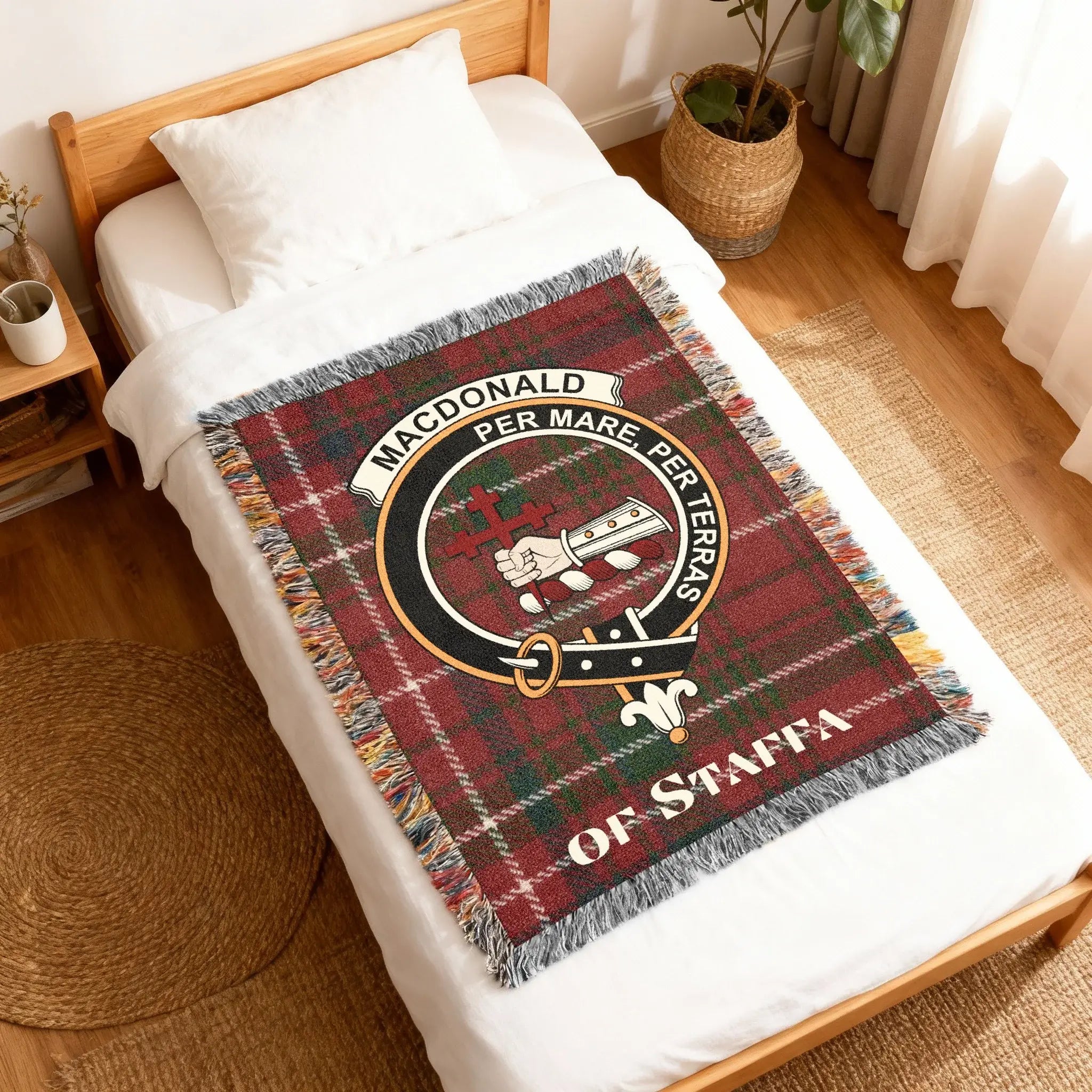 MacDonald of Staffa Per Mare Per Terras woven blanket — clan crest at centre, cotton weave
