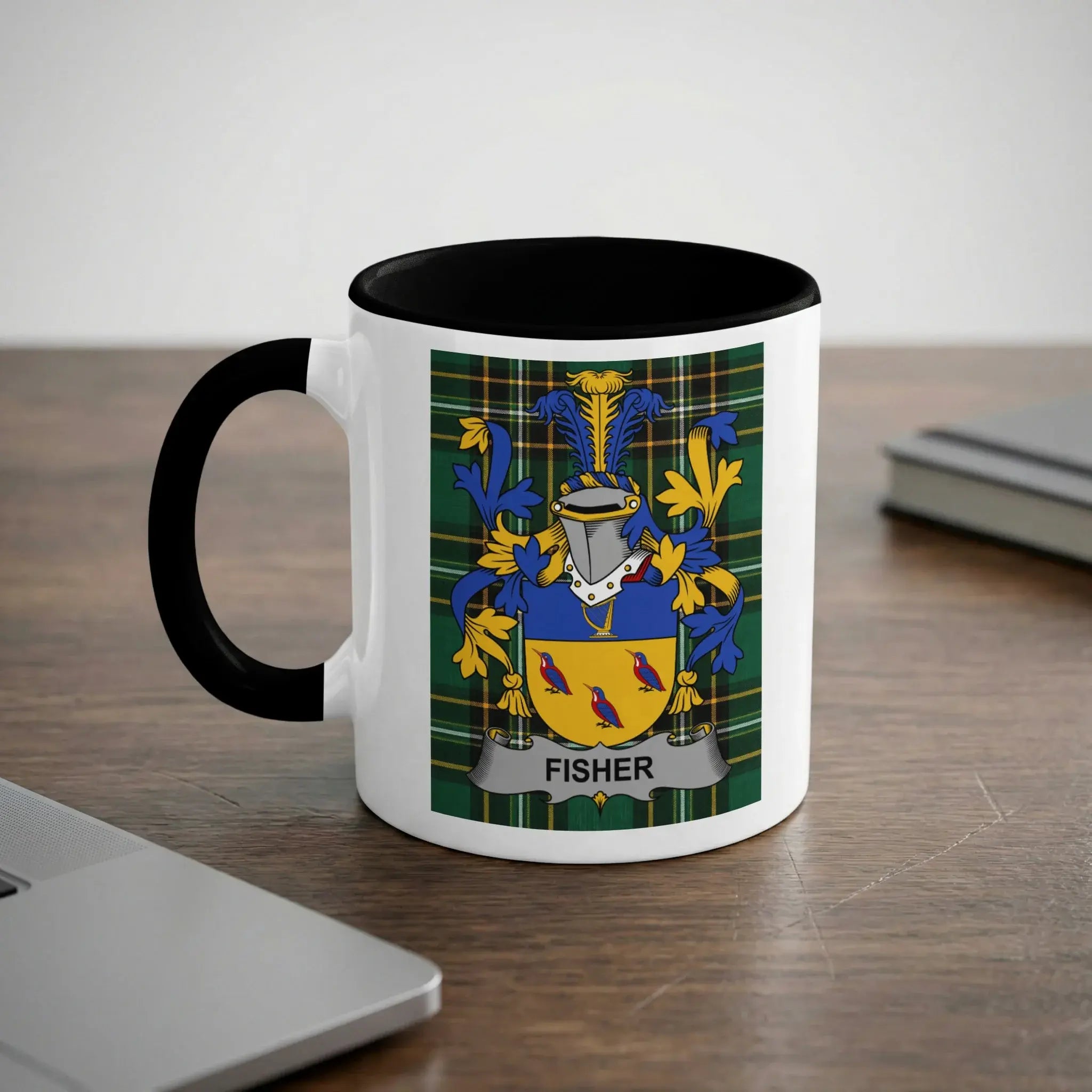 White mug with black handle featuring the Fisher family crest with a yellow ribbon.