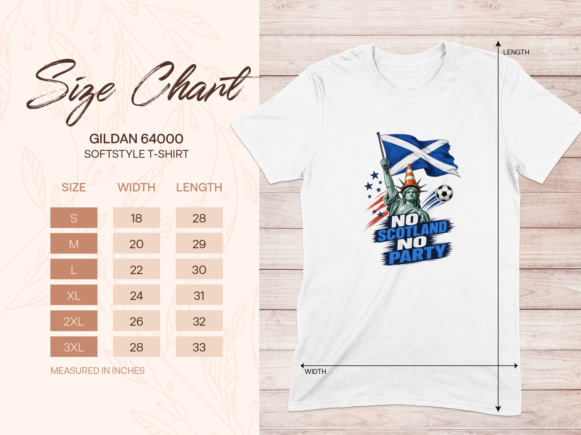 White t-shirt with "No Scotland No Party" graphic and Gildan 64000 size chart.