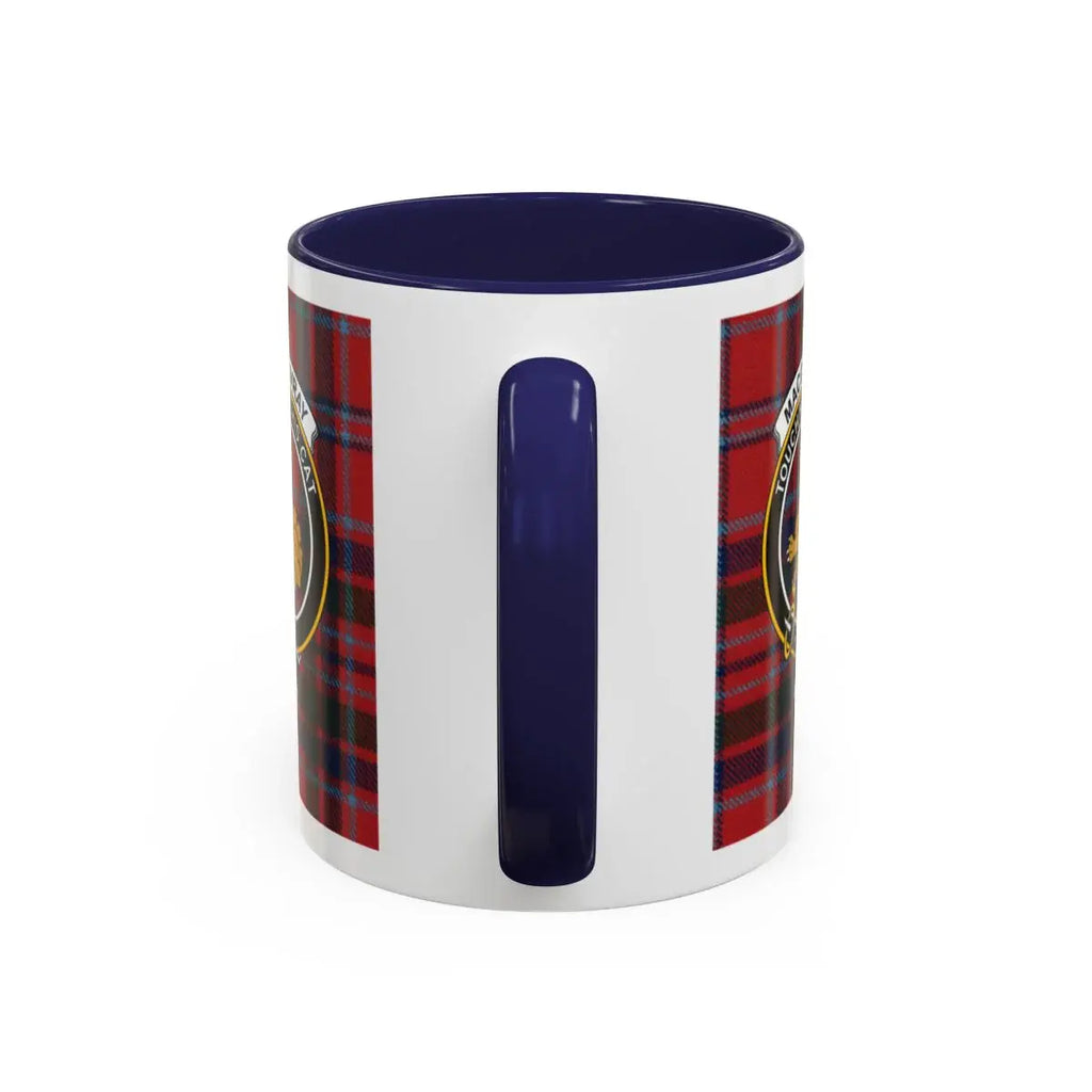 MacGillivray Scottish tartan clan crest mug — 15 oz with navy handle and red plaid interior