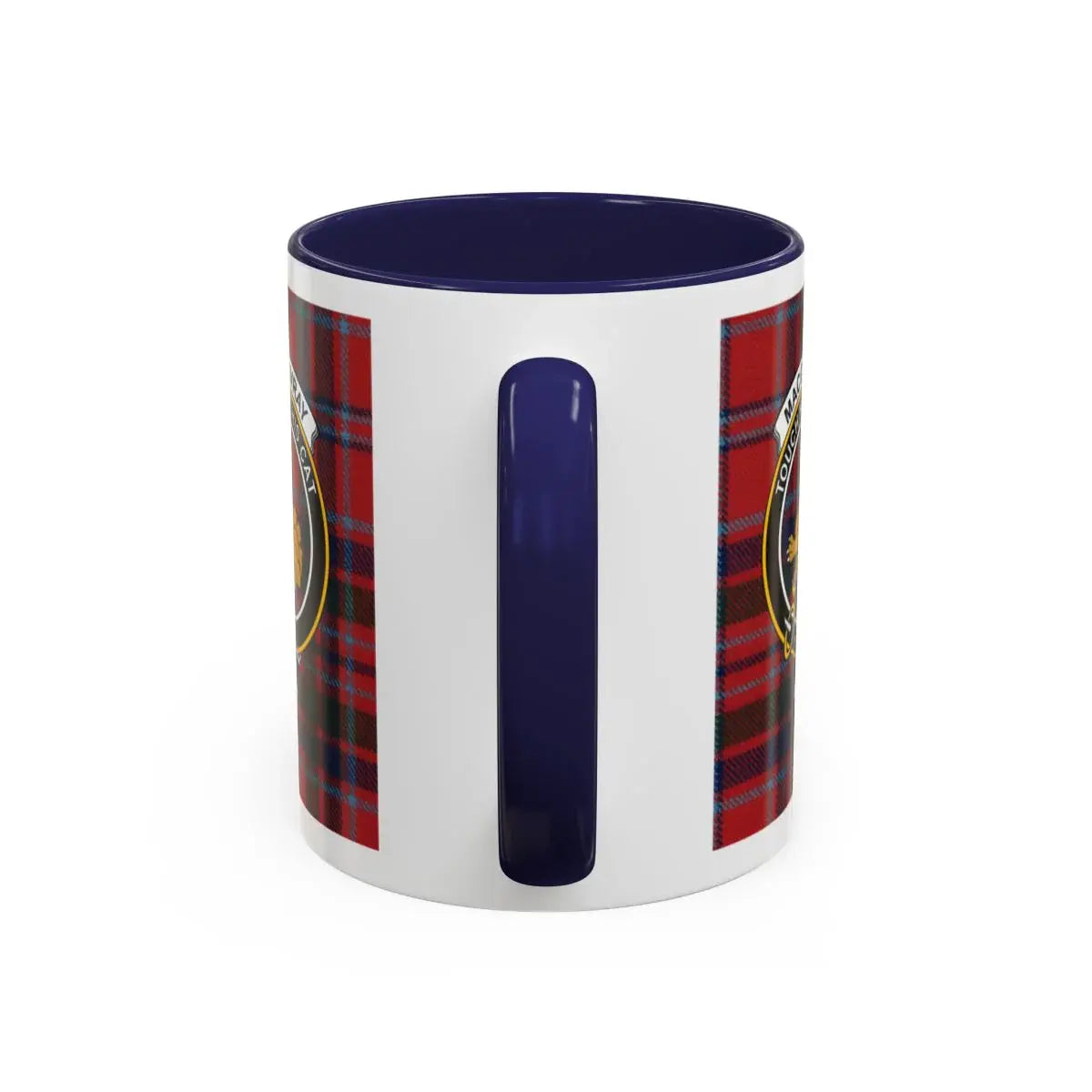 MacGillivray Scottish tartan clan crest mug — 15 oz with navy handle and red plaid interior