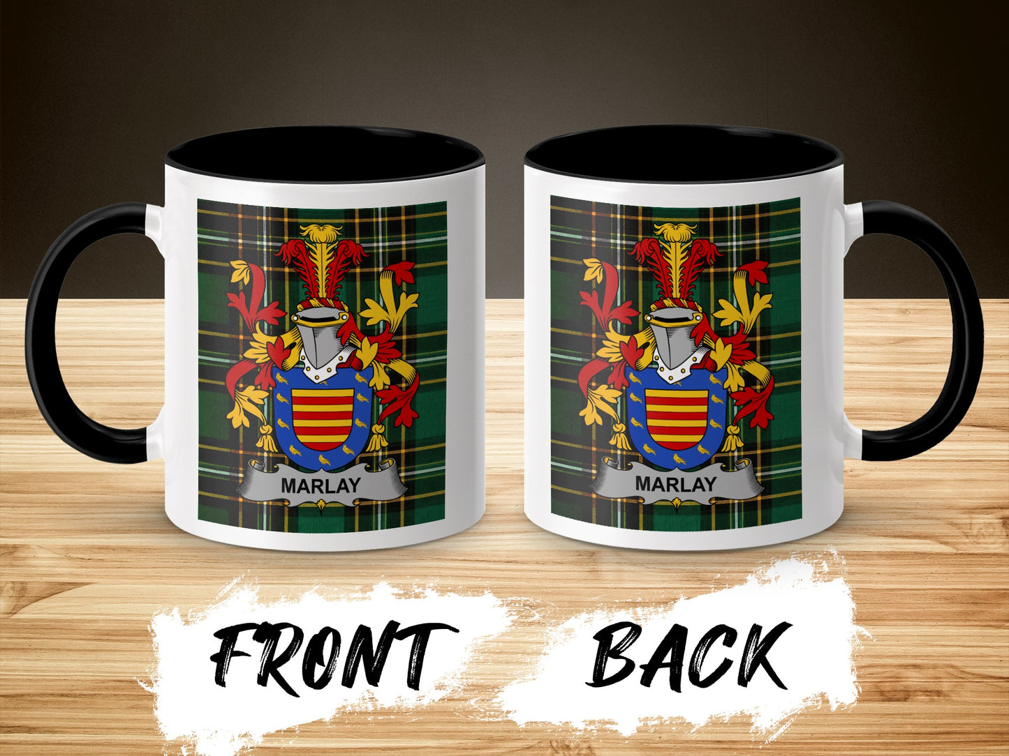 Two mugs with Marlay family crest on a wood background, front and back view.