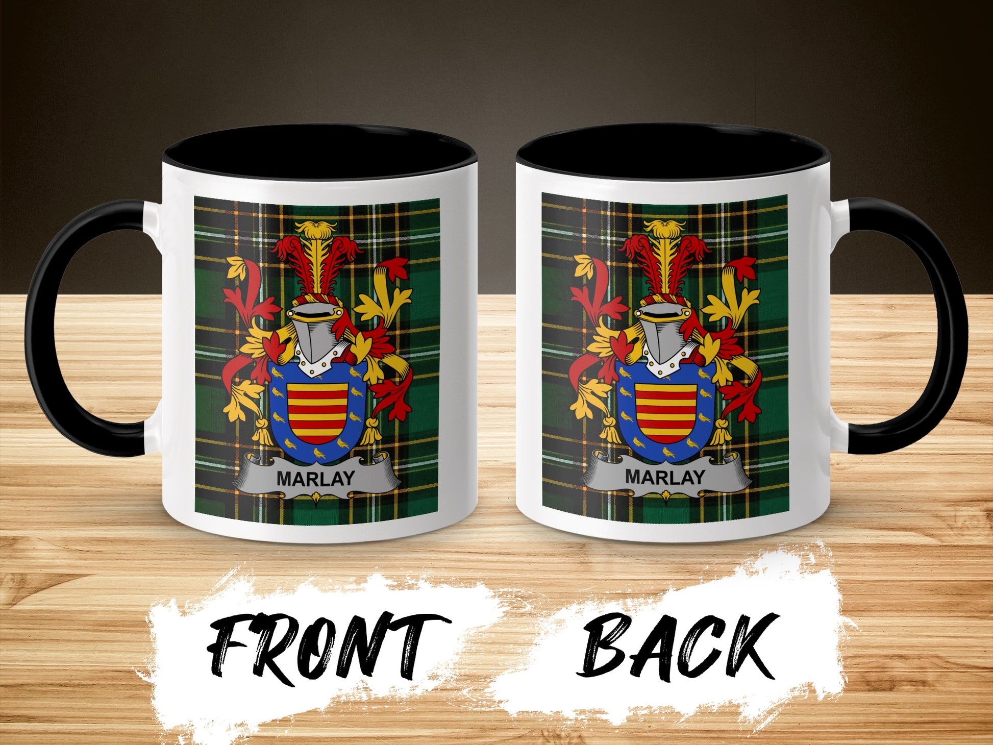Two mugs with Marlay family crest on a wood background, front and back view.