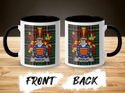 Two mugs with Marlay family crest on a wood background, front and back view.
