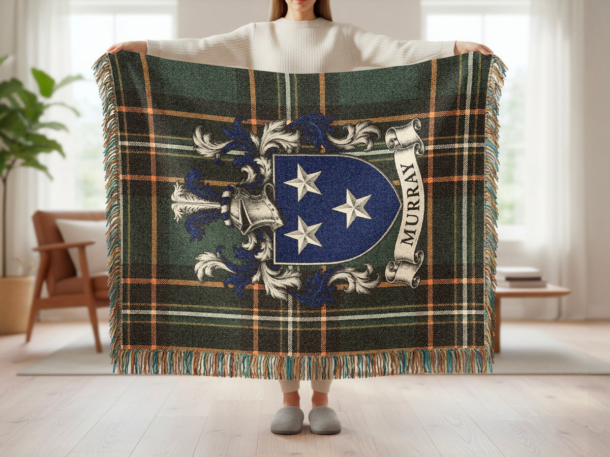 Murray Irish National Tartan woven blanket with family crest and fringed edges
