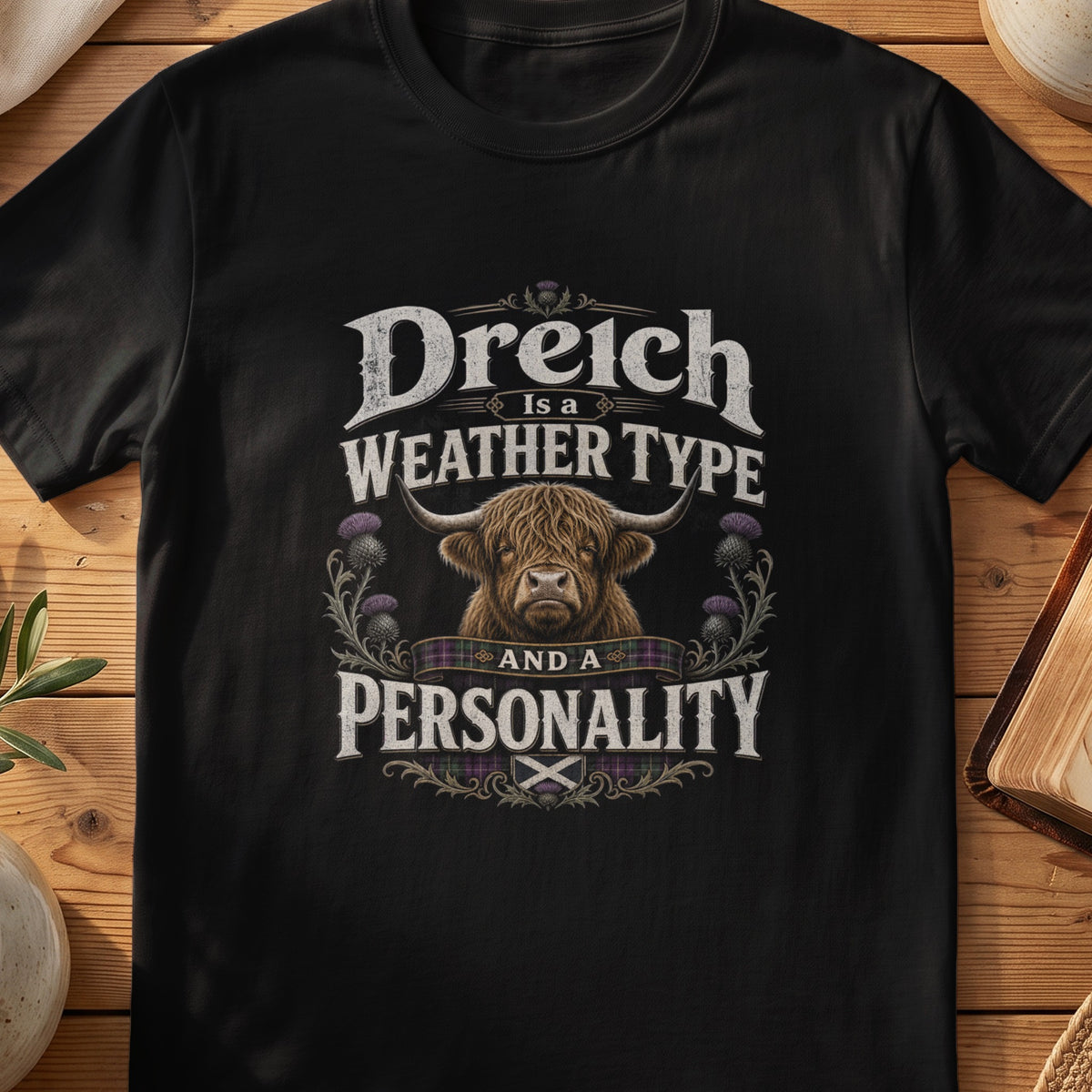 Black Gildan 64000 unisex T-shirt flatlay with Dreich Is a Weather Type and a Personality Scottish graphic design