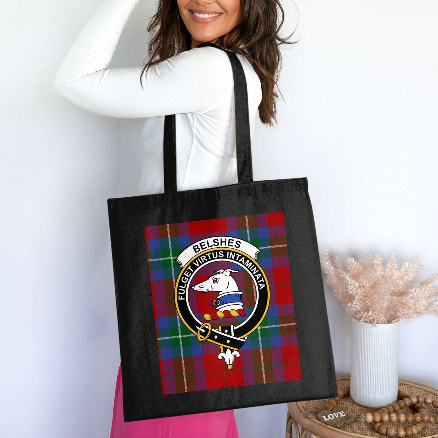 Belshes Clan Crest on Traditional Tartan Tote Bag - Living Stone Gifts