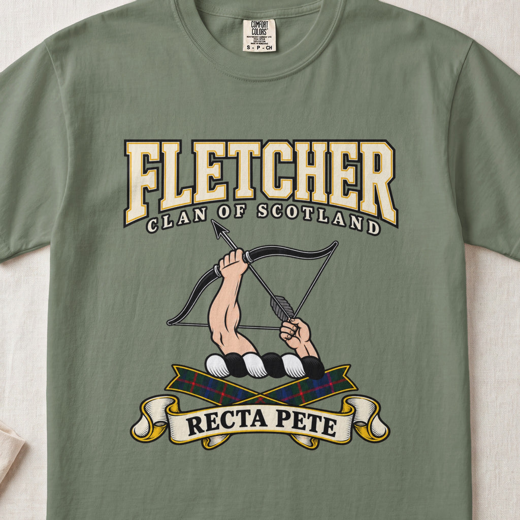 Fletcher Scottish clan graphic T-shirt in Moss, front view