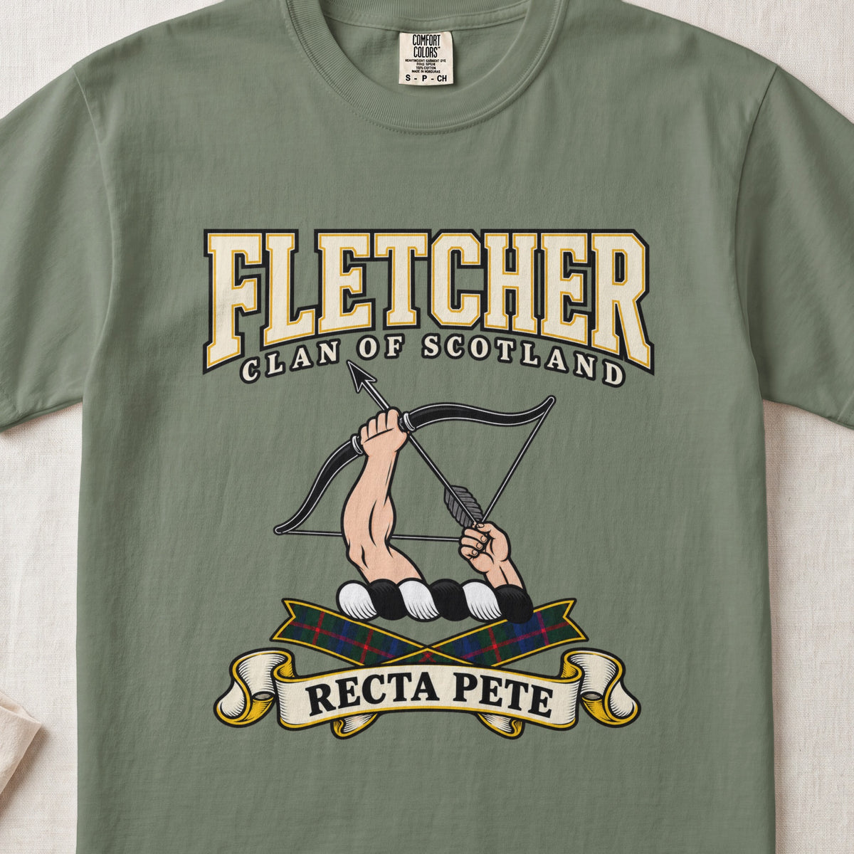 Fletcher Scottish clan graphic T-shirt in Moss, front view