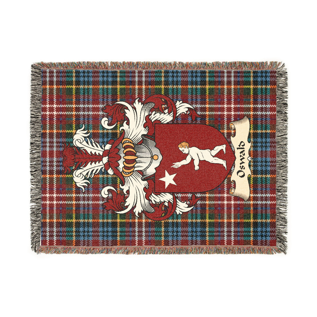 Oswald Scottish woven blanket with family shield and Caledonia tartan background