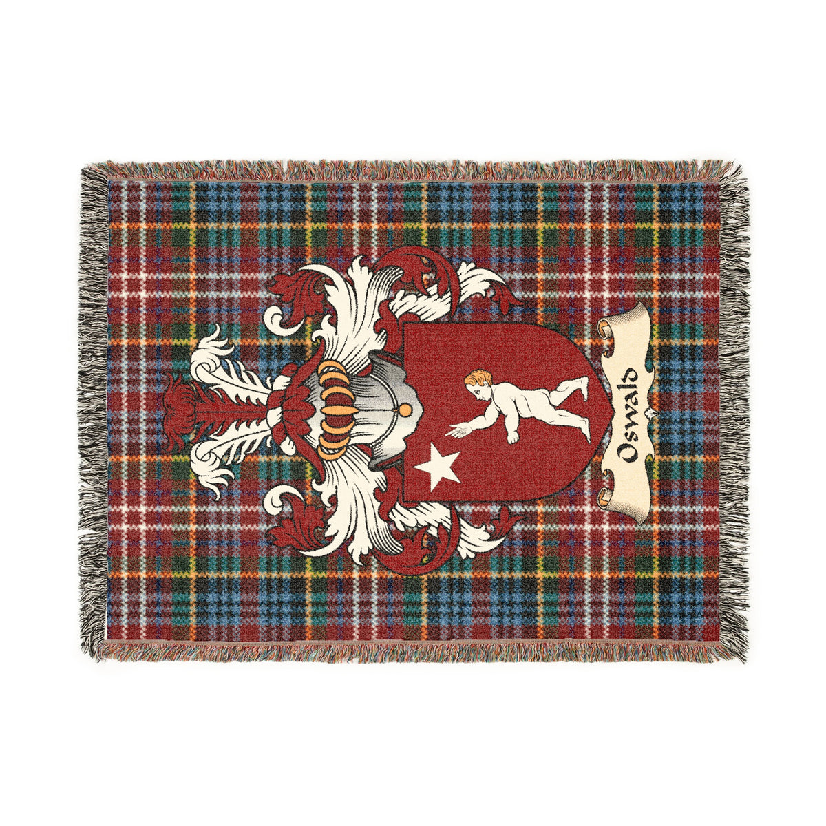 Oswald Scottish woven blanket with family shield and Caledonia tartan background