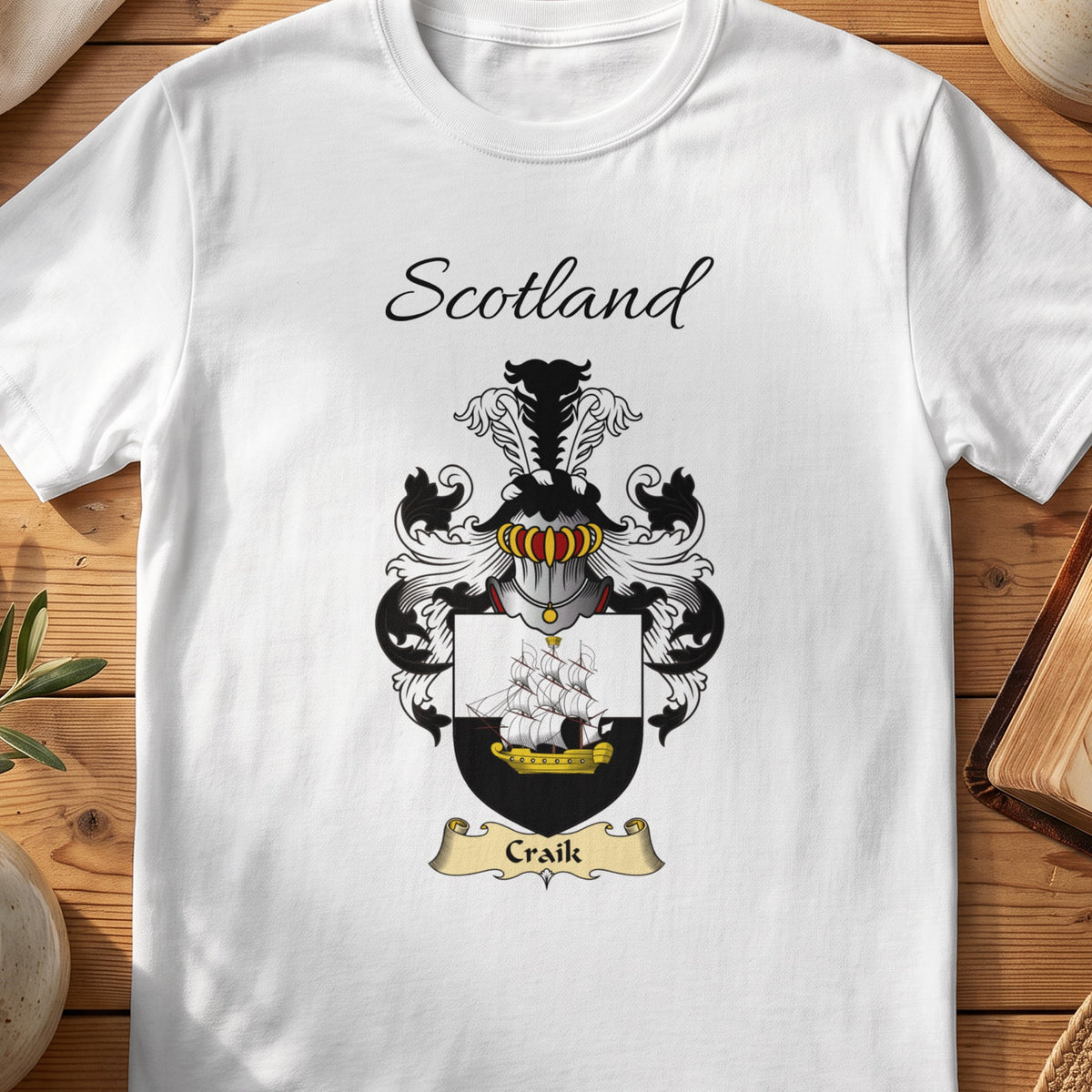 White Craik Scottish family shield T-shirt featuring a sailing ship on a black-and-white shield