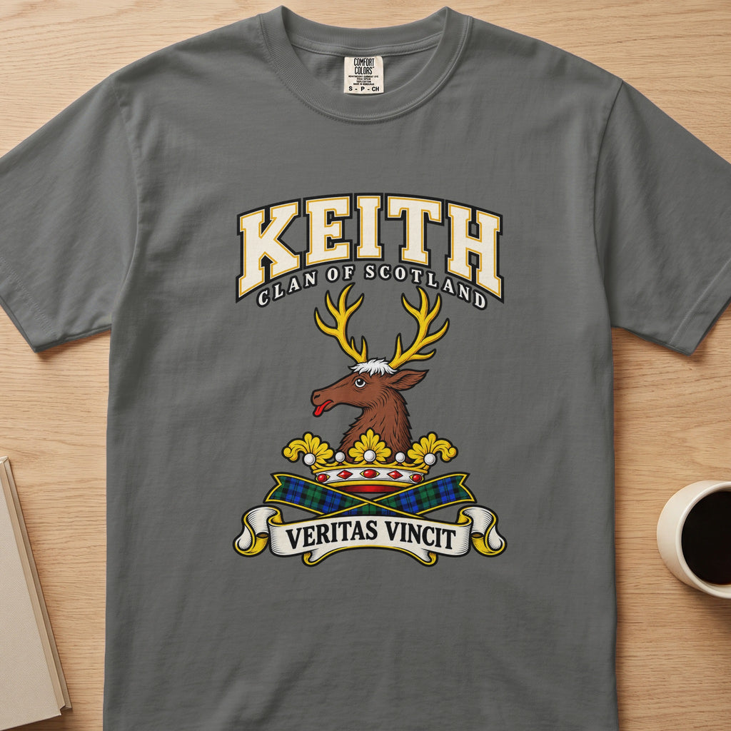 Keith clan crest with stag head and gold crown on a gray Comfort Colors T-shirt, front view