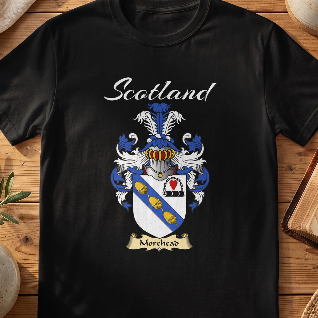 Black Morehead Scottish T-shirt featuring a blue diagonal band with gold motifs