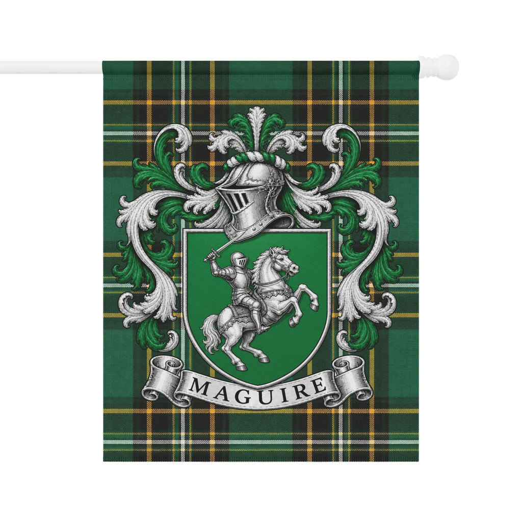 Maguire Irish National Tartan garden flag featuring the Maguire family crest