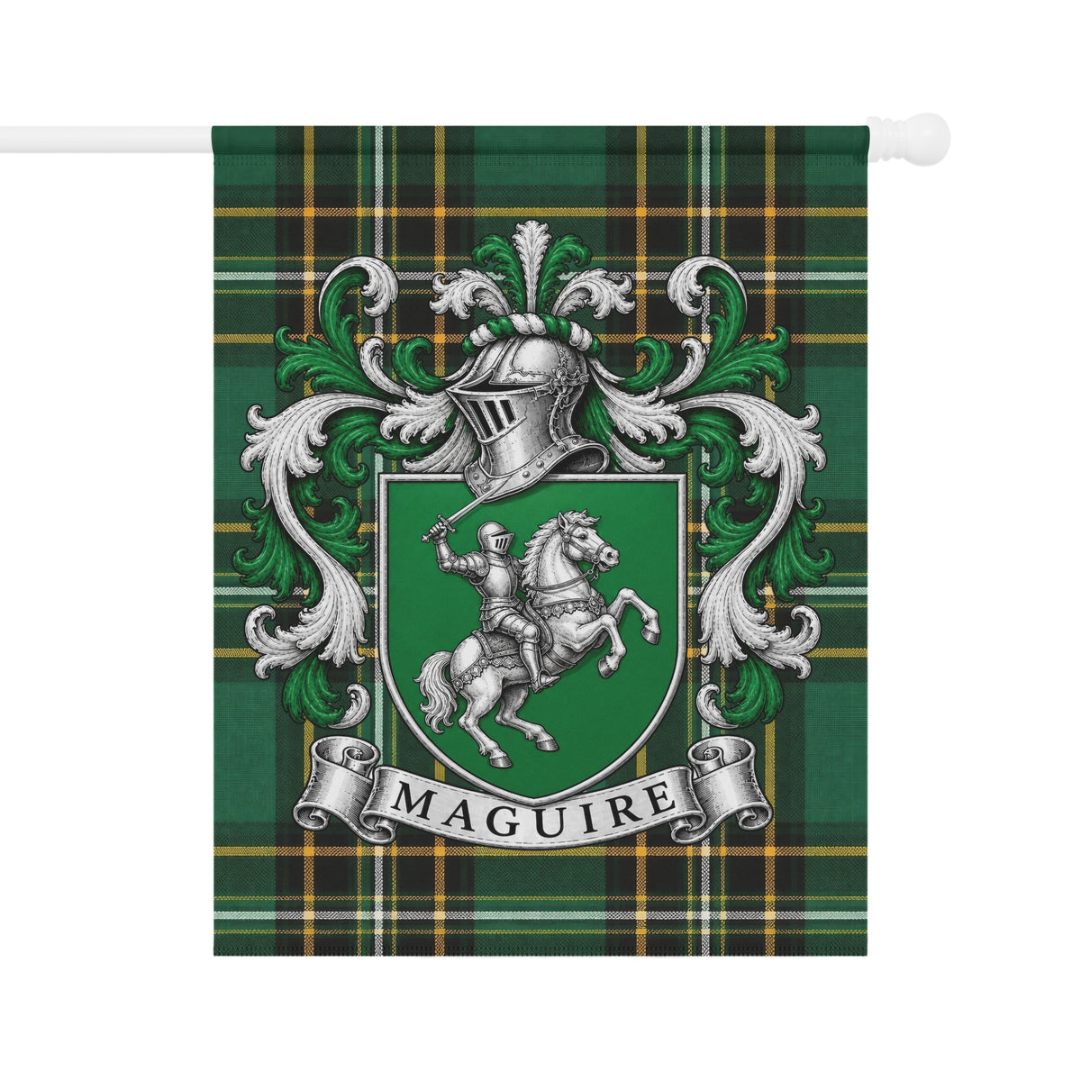 Maguire Irish National Tartan garden flag featuring the Maguire family crest