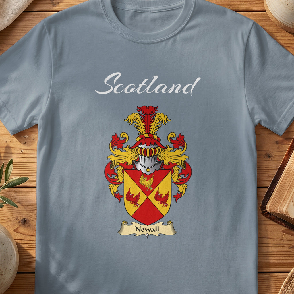 Newall Scottish family shield T-shirt in Stone Blue