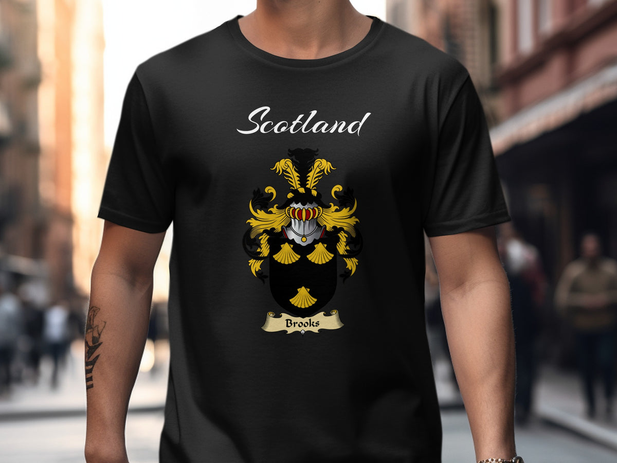 Brooks Scottish family shield design on Black T-shirt
