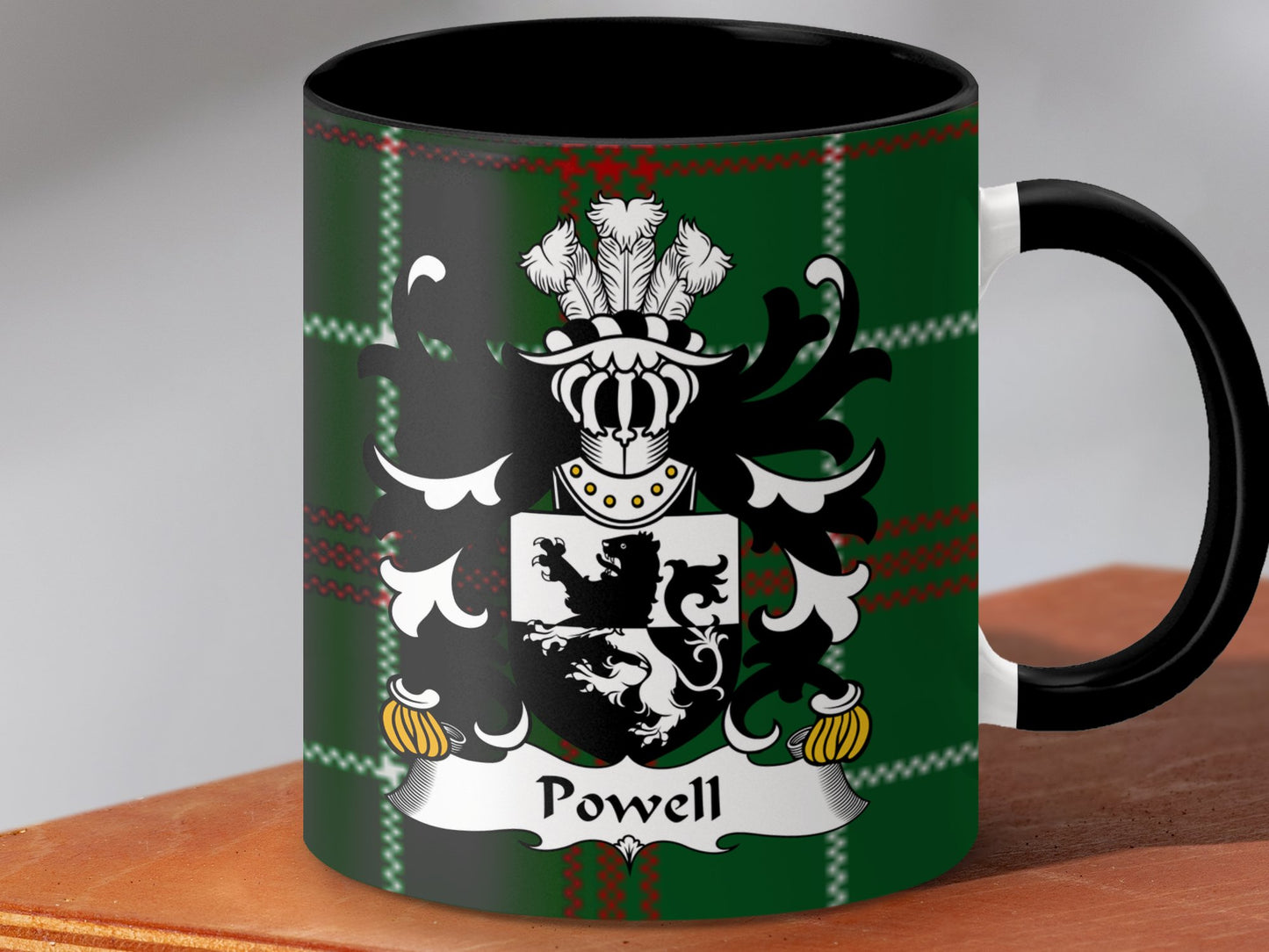 Powell Coat of Arms on Welsh National Tartan Background Mug - Living Stone Gifts