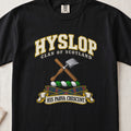 Hyslop Scottish clan T-shirt in Black, front view with crossed hand tools, one with a silver blade and motto design.
