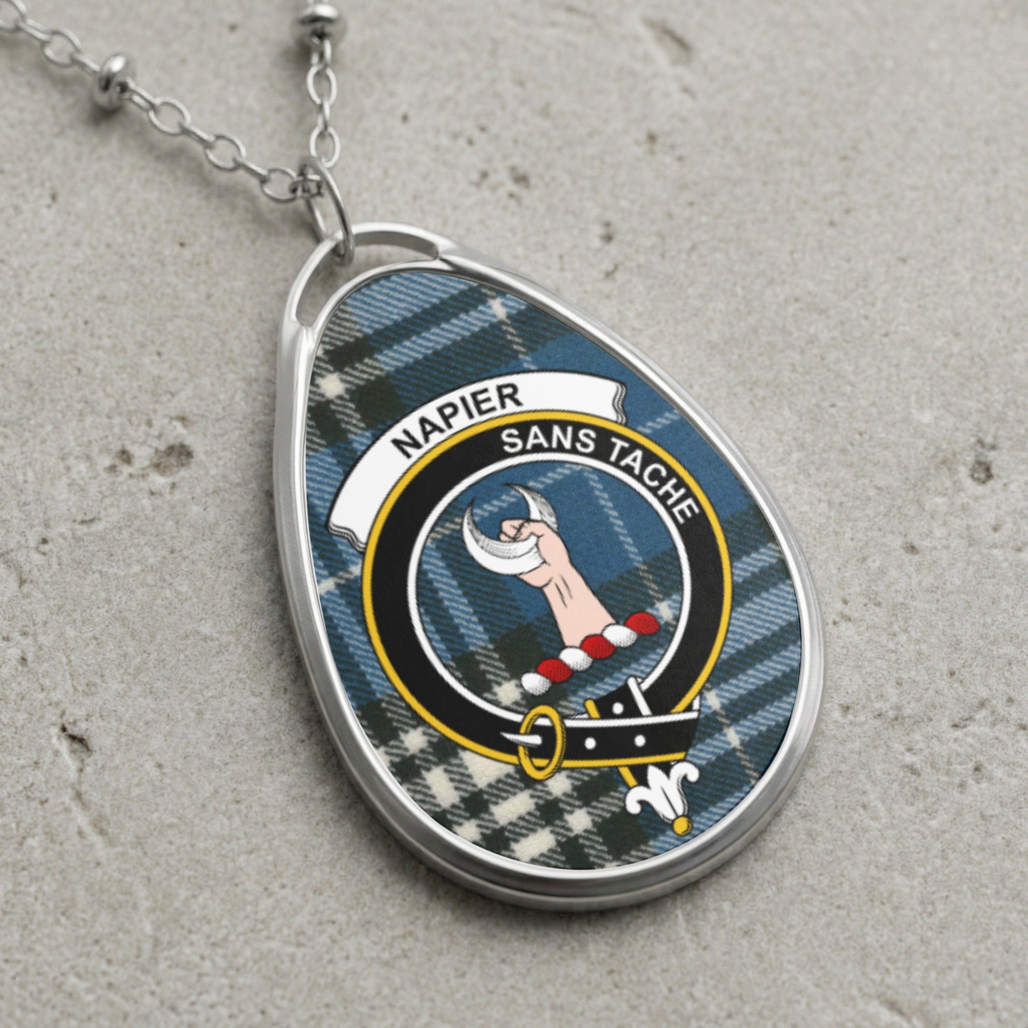 Napier Sans Tache crest pendant on silver chain with blue tartan background.