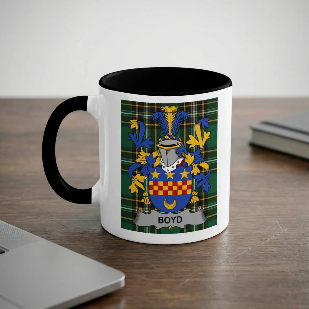 Boyd coat of arms mug with black handle — green and blue Irish tartan crest design