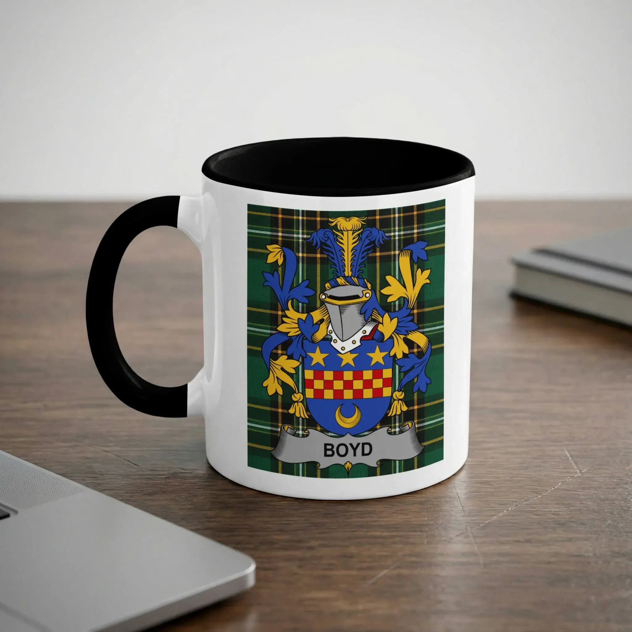 Boyd coat of arms mug with black handle — green and blue Irish tartan crest design