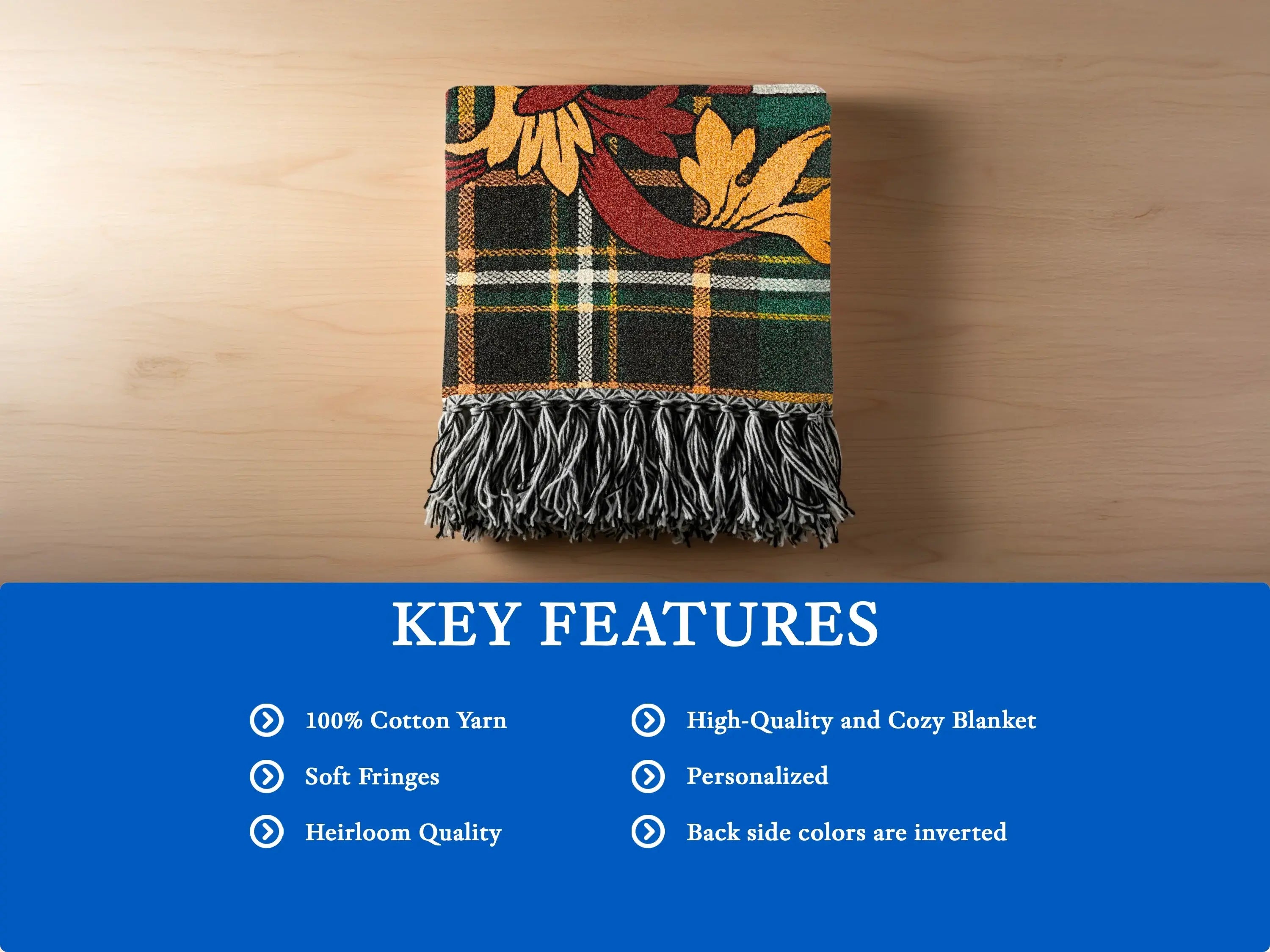 Plaid blanket with fringe featuring "Key Features" including 100% cotton yarn.