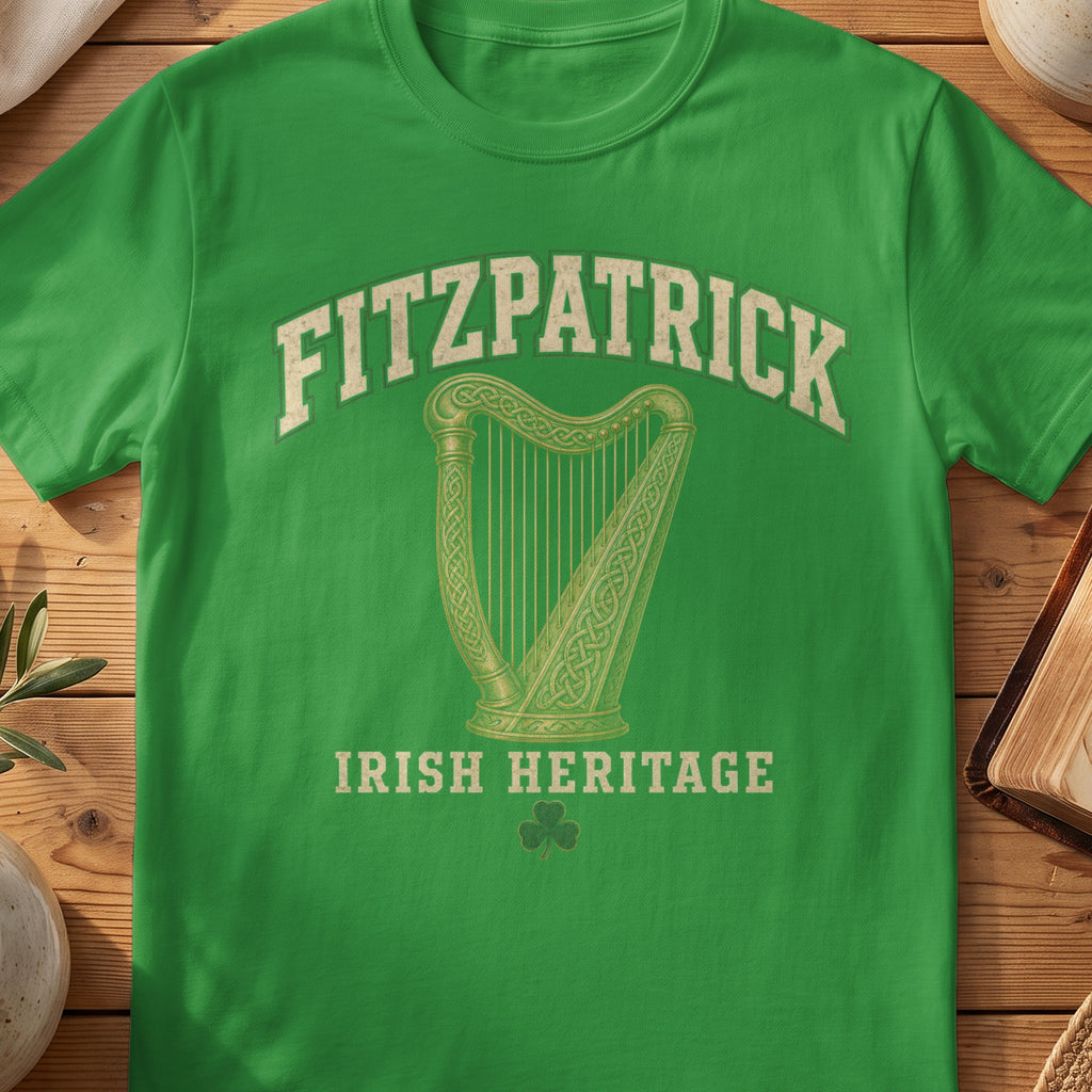 Fitzpatrick Irish harp T-shirt in Irish Green, with cream surname lettering, a gold-toned harp, green shamrock and “Irish Heritage” text.
