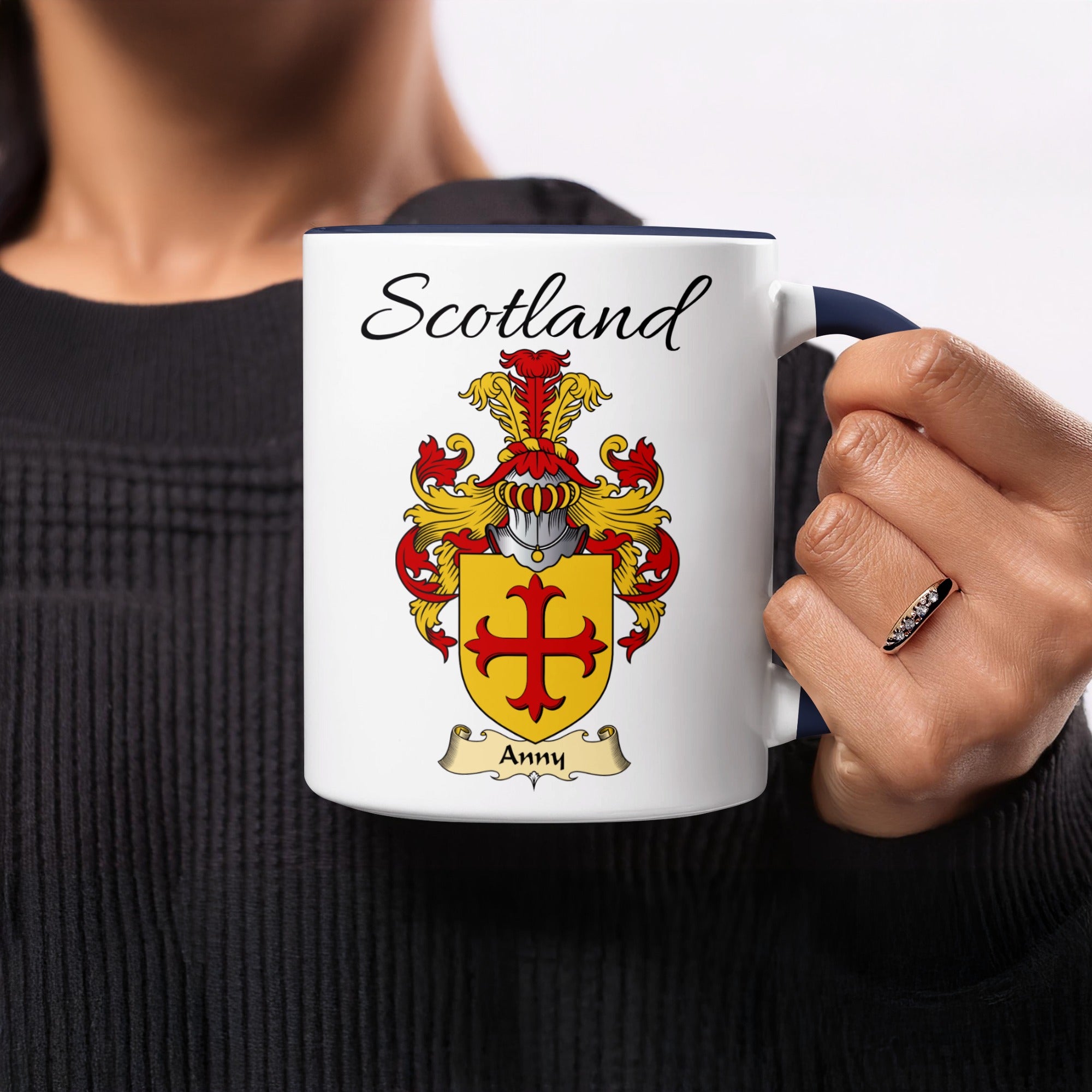 Red-accent Anny Scottish family crest mugs with Scotland above the heraldic shield