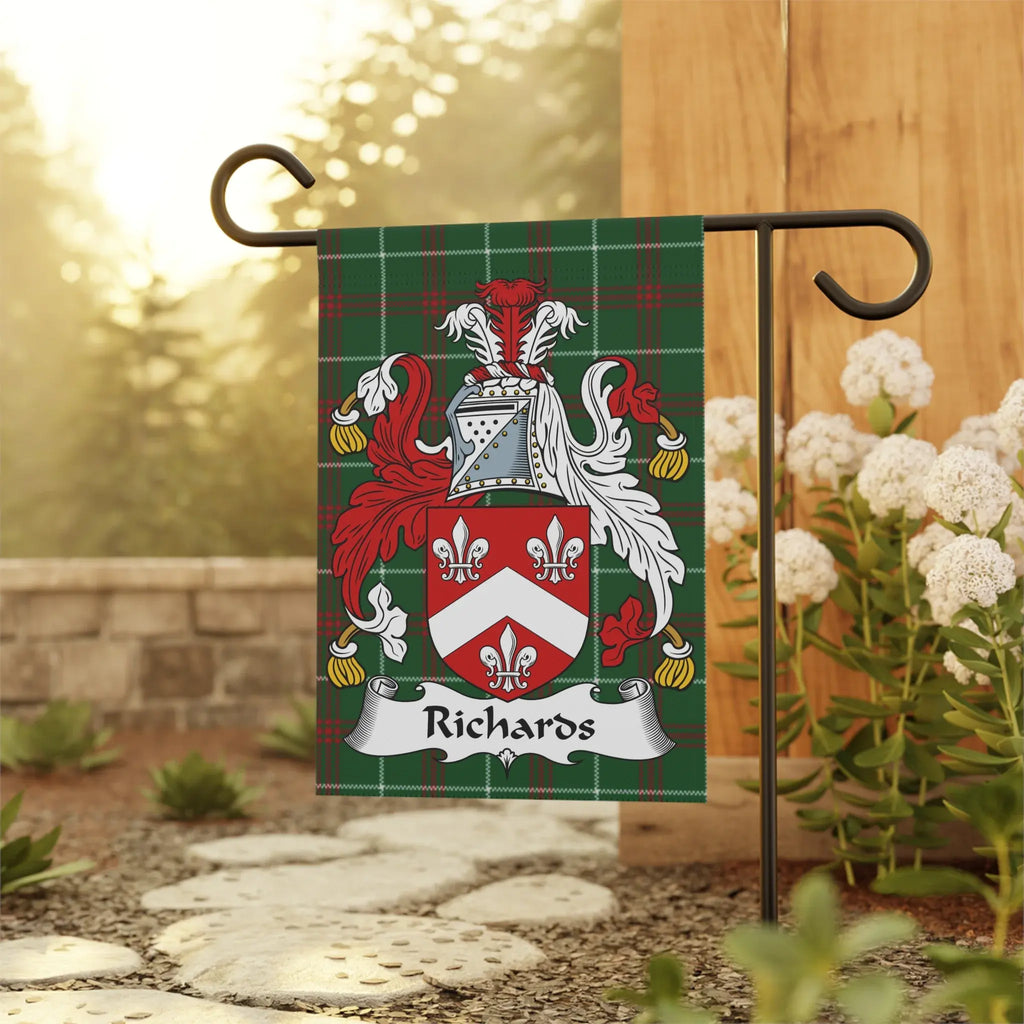 Richards family crest on a tartan garden flag.