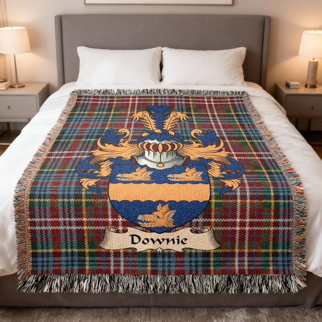 Downie Caledonia tartan heritage woven throw blanket with family shield
