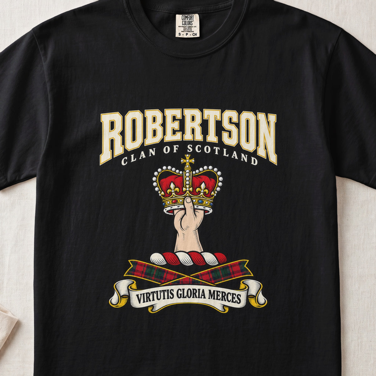 Robertson graphic T-shirt in Black, front flat lay showing varsity lettering and hand and forearm holding a red and gold crown.