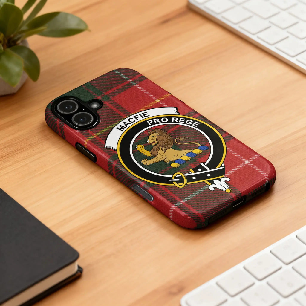 MacFie Pro Rege tartan lion rampant phone case — edge-to-edge plaid wrap on slim case