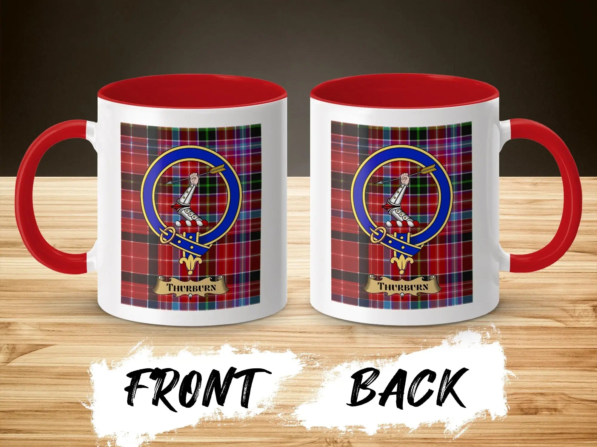 Thurburn tartan-background crest mug shown as a Scottish heritage gift