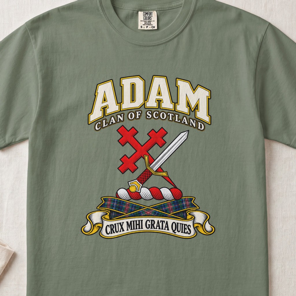 Adam Scottish clan T-shirt in Moss, front view with a silver sword crossed with a red cross and motto banner.